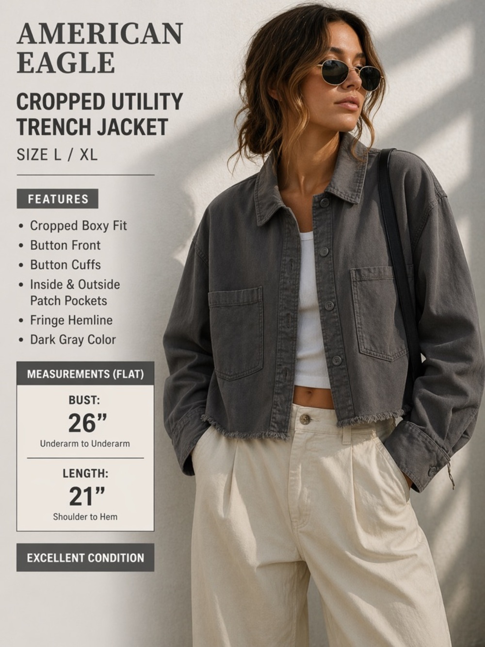 A.E. Cropped Utility Jacket L/XL Dark Gray Boxy Trench Fringe Hem Overshirt